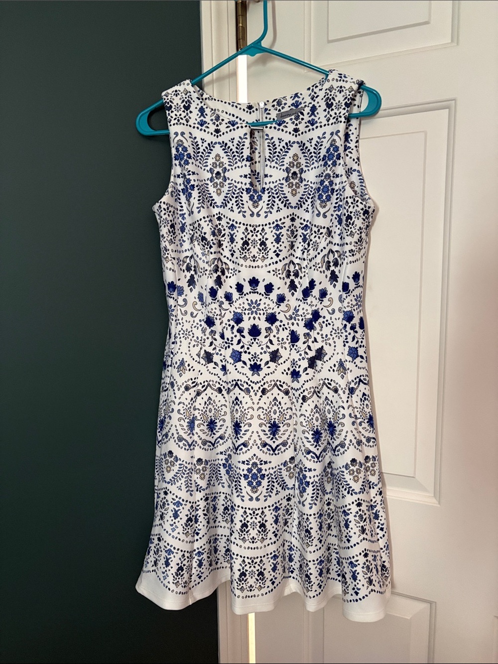Danny & Nicole White Midi Dress with Blue Floral Medallion Print